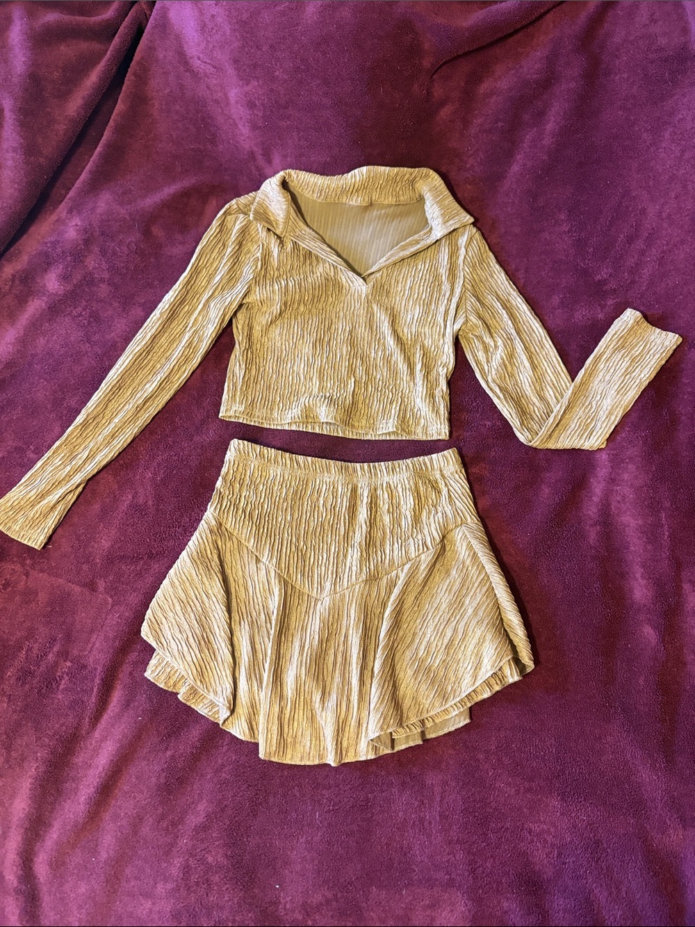 Brown Crinkle Two-Piece Lounge Set - Long Sleeve Crop Top & Skirt
